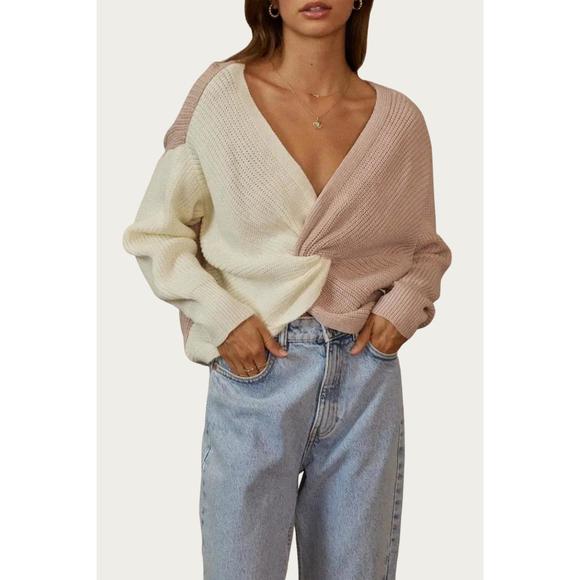 NEW ENDLESS BLU. colorblocked cropped twisted ribbed-knit sweater in ivory/mauve - Picture 2 of 3